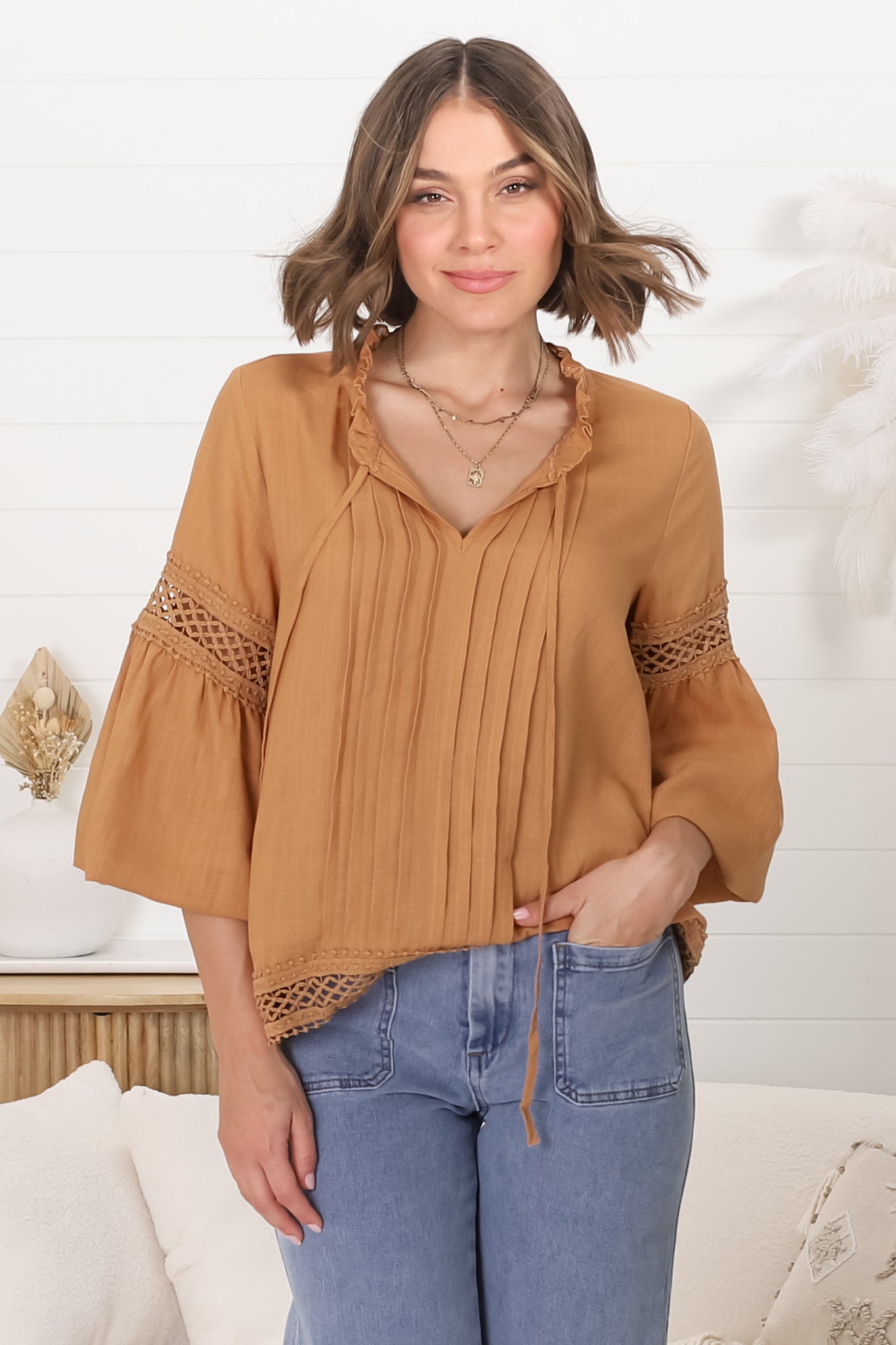 Silas Top - Cotton Blend Pleating and Crochet Detailed Long Sleeve Blouse in Tan
