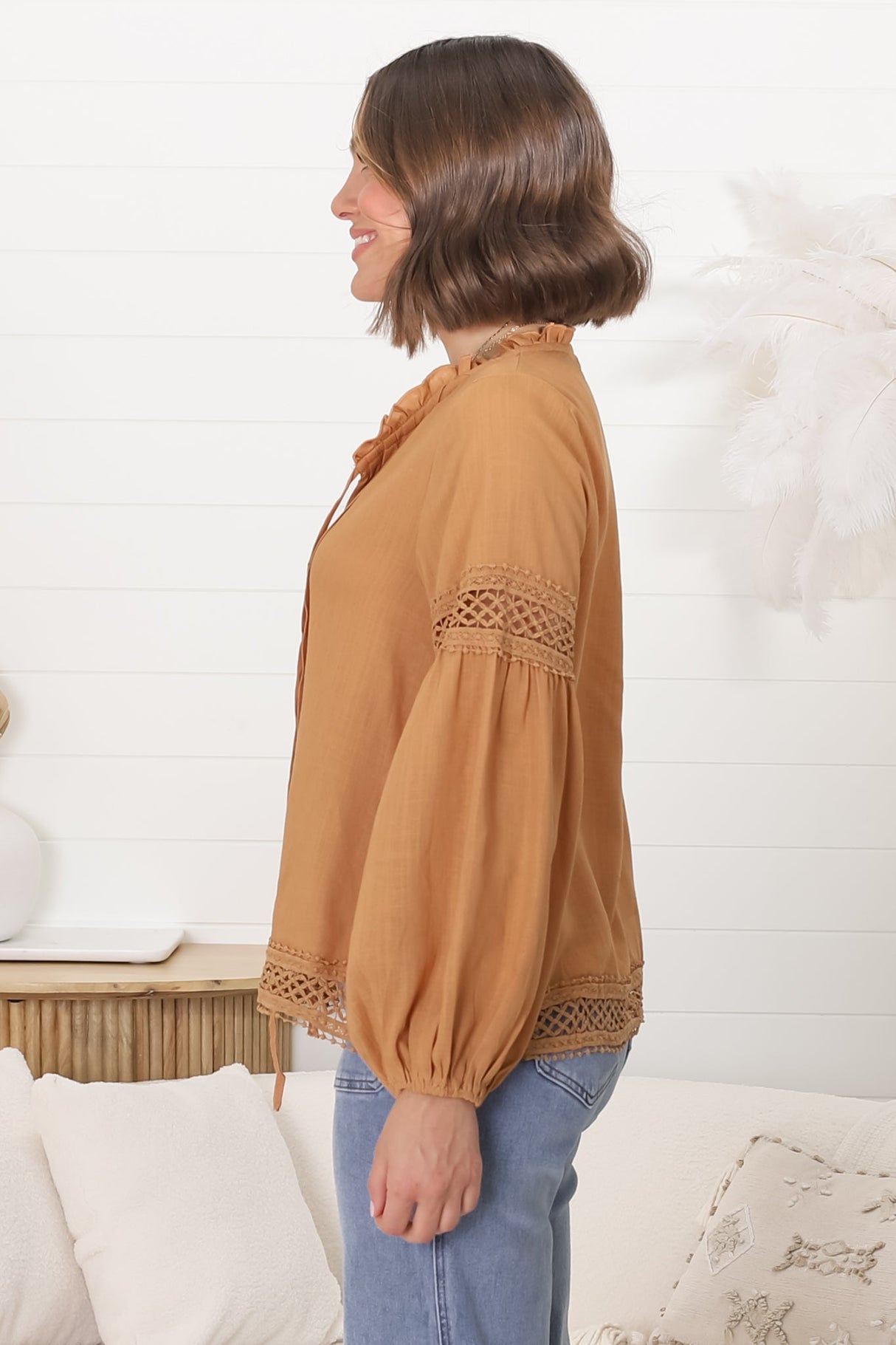 Silas Top - Cotton Blend Pleating and Crochet Detailed Long Sleeve Blouse in Tan