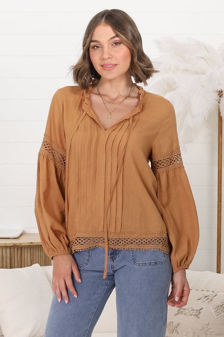 Silas Top - Cotton Blend Pleating and Crochet Detailed Long Sleeve Blouse in Tan