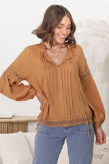 Silas Top - Cotton Blend Pleating and Crochet Detailed Long Sleeve Blouse in Tan