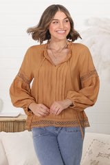 Silas Top - Cotton Blend Pleating and Crochet Detailed Long Sleeve Blouse in Tan