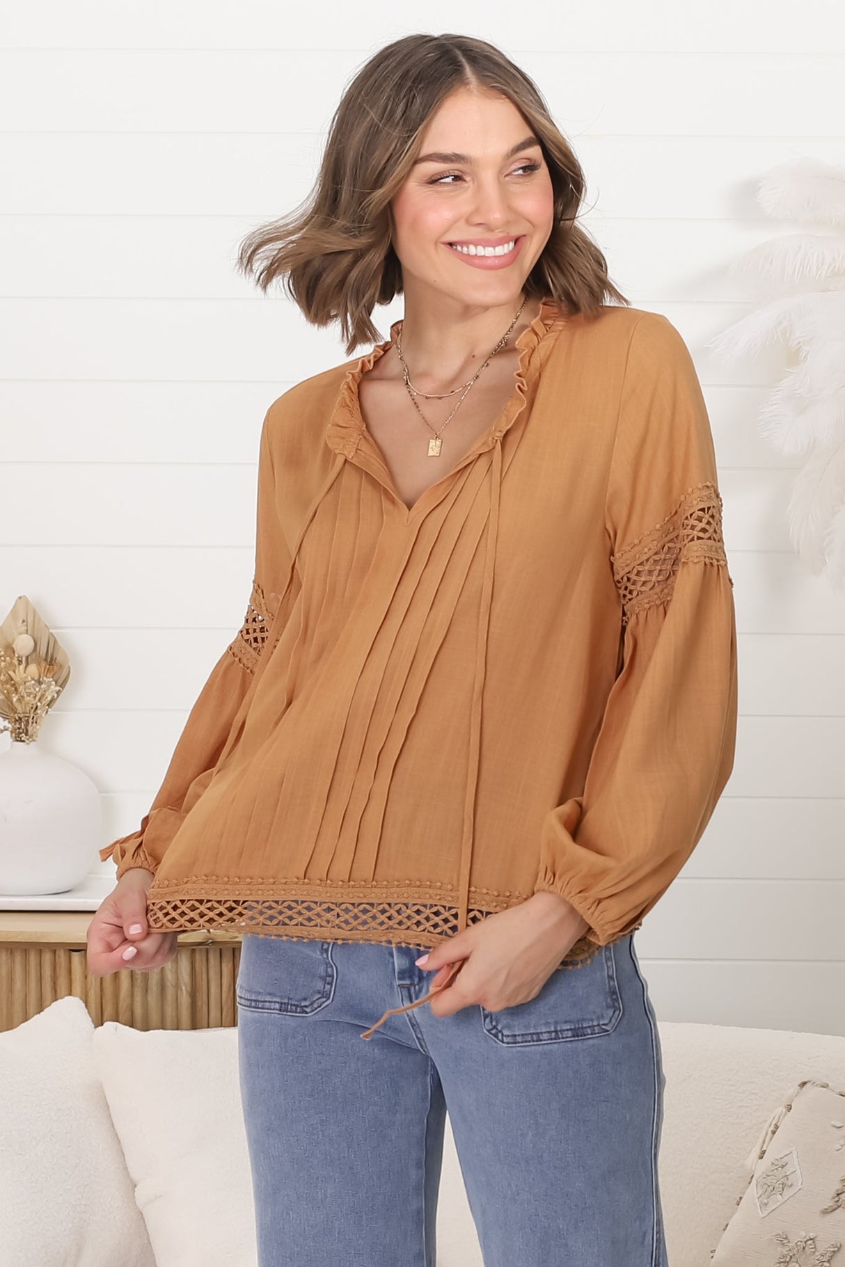 Silas Top - Cotton Blend Pleating and Crochet Detailed Long Sleeve Blouse in Tan