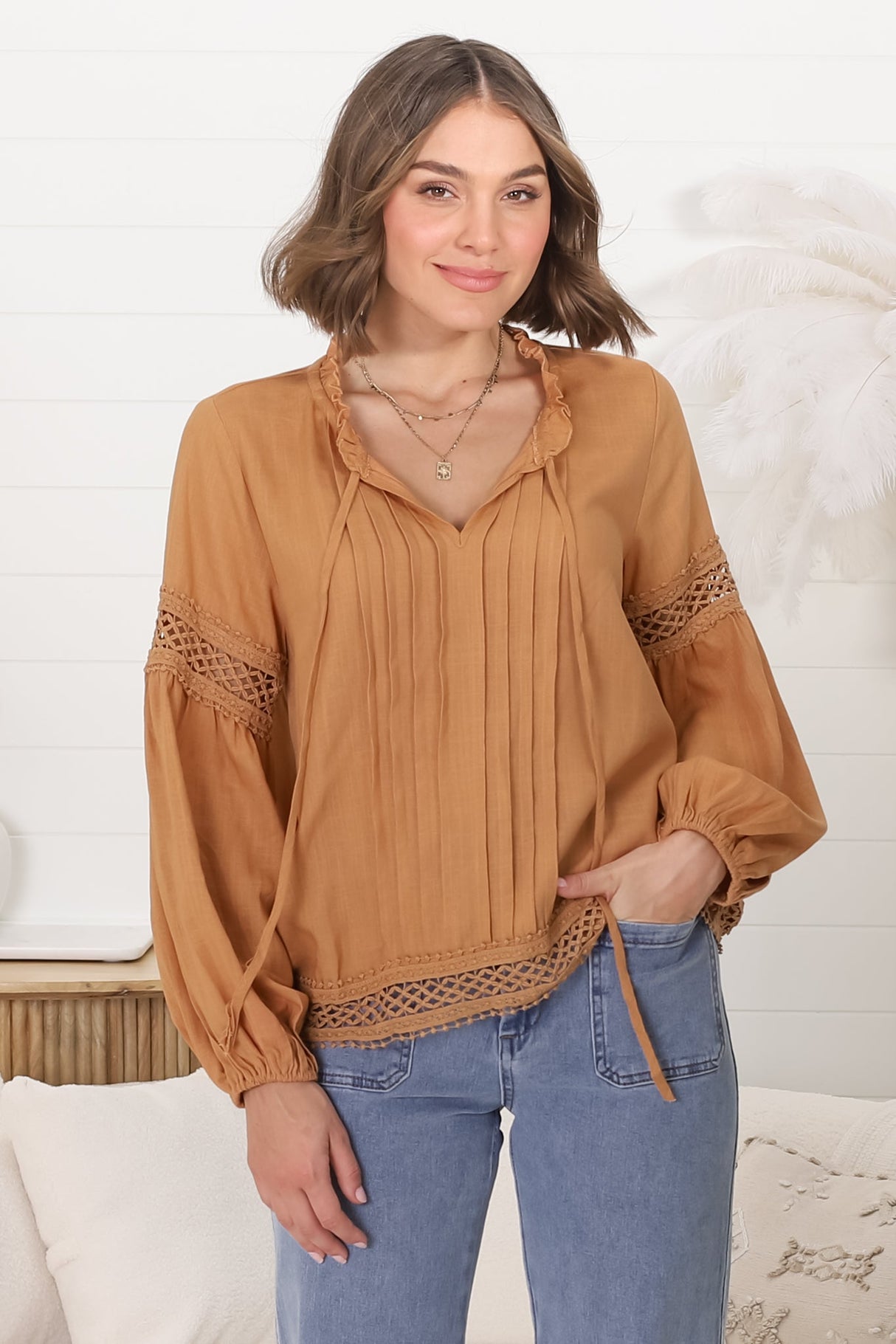 Silas Top - Cotton Blend Pleating and Crochet Detailed Long Sleeve Blouse in Tan