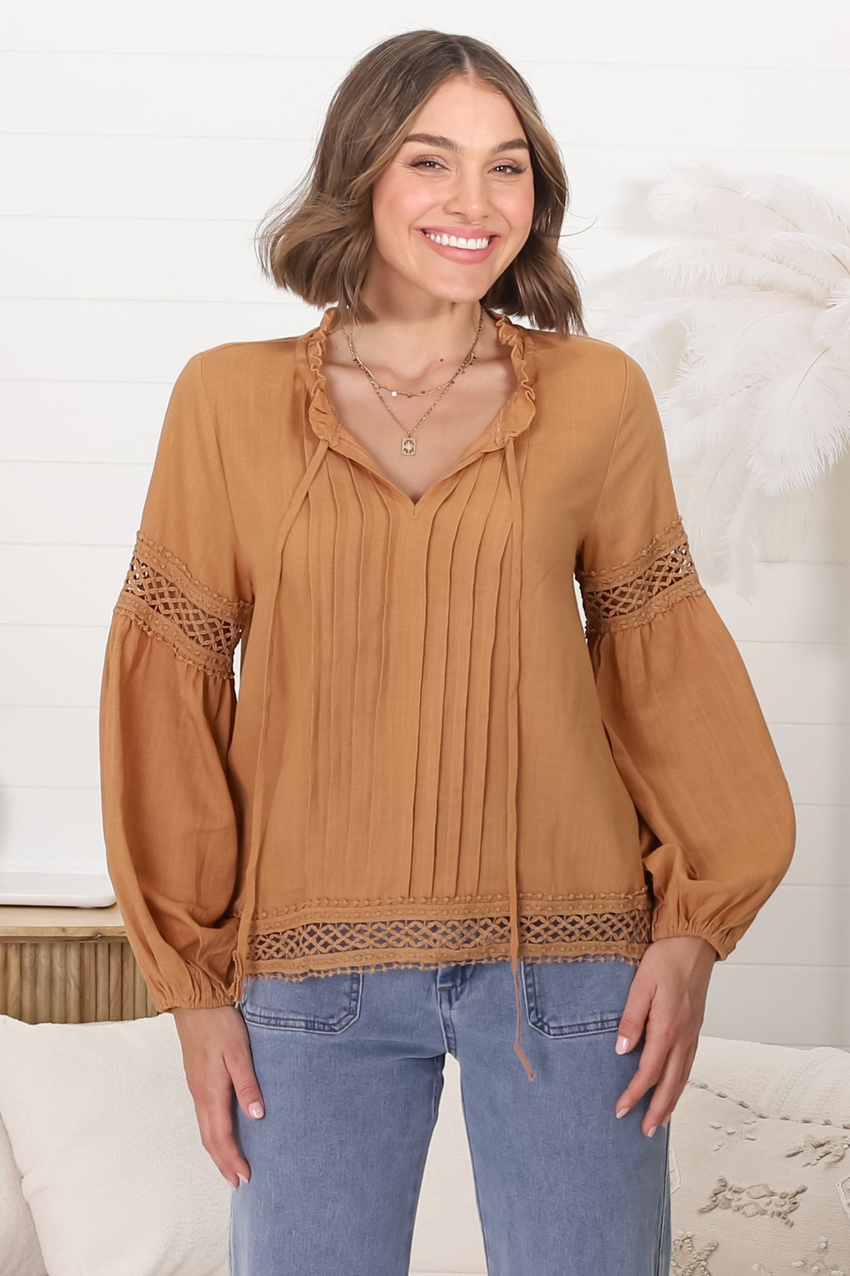 Silas Top - Cotton Blend Pleating and Crochet Detailed Long Sleeve Blouse in Tan