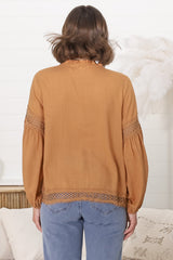 Silas Top - Cotton Blend Pleating and Crochet Detailed Long Sleeve Blouse in Tan