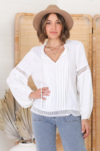 Silas Top - Cotton Blend Pleating and Crochet Detailed Long Sleeve Blouse in White
