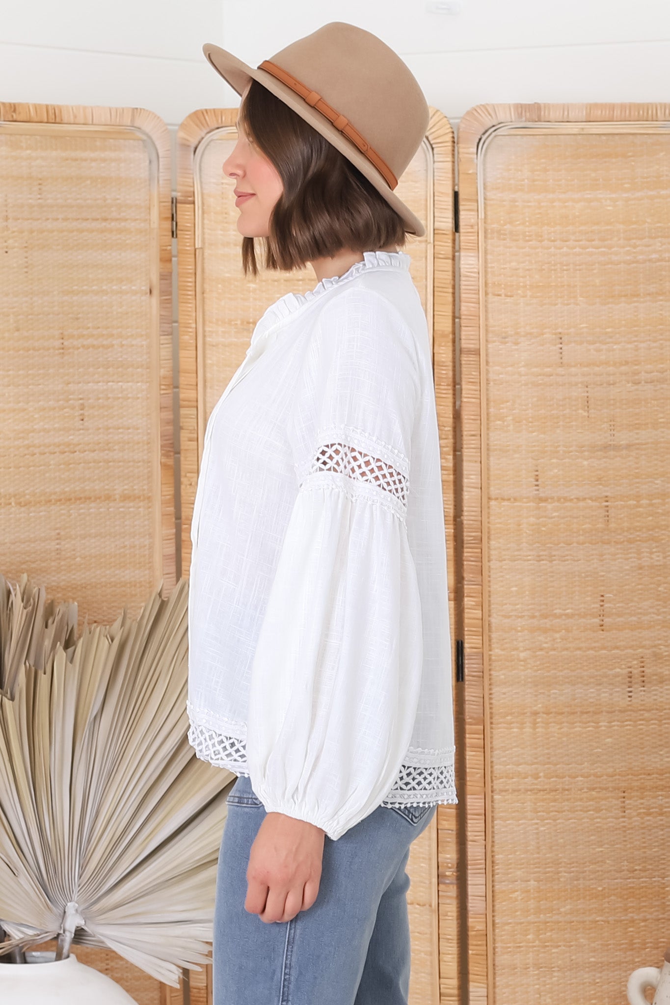 Silas Top - Cotton Blend Pleating and Crochet Detailed Long Sleeve Blouse in White