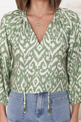 Silvie Blouse - Mandarin Collar V Neck Pull Over Blouse in Dayah Print Green