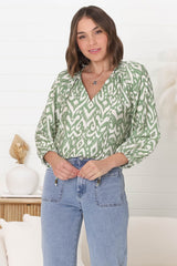 Silvie Blouse - Mandarin Collar V Neck Pull Over Blouse in Dayah Print Green