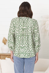 Silvie Blouse - Mandarin Collar V Neck Pull Over Blouse in Dayah Print Green