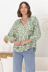 Silvie Blouse - Mandarin Collar V Neck Pull Over Blouse in Dayah Print Green