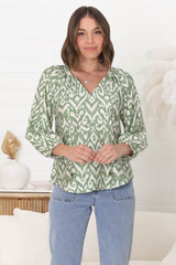 Silvie Blouse - Mandarin Collar V Neck Pull Over Blouse in Dayah Print Green