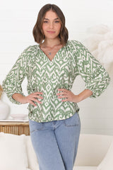 Silvie Blouse - Mandarin Collar V Neck Pull Over Blouse in Dayah Print Green