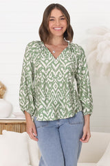 Silvie Blouse - Mandarin Collar V Neck Pull Over Blouse in Dayah Print Green