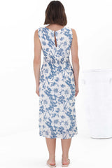 Simas Midi Dress - V-Neck Plisse Sleeveless Dress in Lauri Print Blue