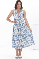 Simas Midi Dress - V-Neck Plisse Sleeveless Dress in Lauri Print Blue