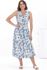 Simas Midi Dress - V-Neck Plisse Sleeveless Dress in Lauri Print Blue