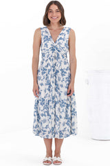 Simas Midi Dress - V-Neck Plisse Sleeveless Dress in Lauri Print Blue