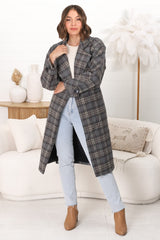 Simone Coat - Lapel Collar Checkered Relaxed Coat in Grey