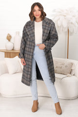 Simone Coat - Lapel Collar Checkered Relaxed Coat in Grey