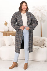 Simone Coat - Lapel Collar Checkered Relaxed Coat in Grey