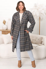 Simone Coat - Lapel Collar Checkered Relaxed Coat in Grey