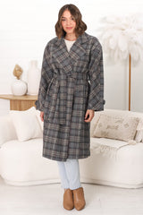 Simone Coat - Lapel Collar Checkered Relaxed Coat in Grey