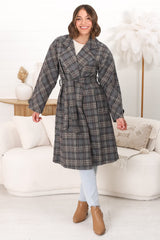 Simone Coat - Lapel Collar Checkered Relaxed Coat in Grey