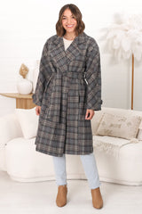 Simone Coat - Lapel Collar Checkered Relaxed Coat in Grey