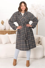 Simone Coat - Lapel Collar Checkered Relaxed Coat in Grey