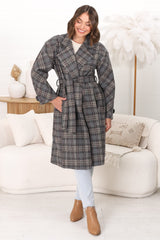 Simone Coat - Lapel Collar Checkered Relaxed Coat in Grey