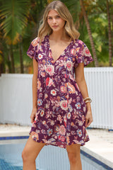 Simone Mini Dress - V Neck Tiered Dress with Flutter Sleeves in Archer Print