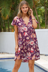 Simone Mini Dress - V Neck Tiered Dress with Flutter Sleeves in Archer Print