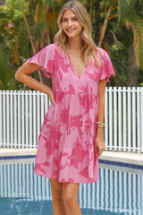 Simone Mini Dress - V Neck Tiered Dress with Flutter Sleeves in Colter Print Pink