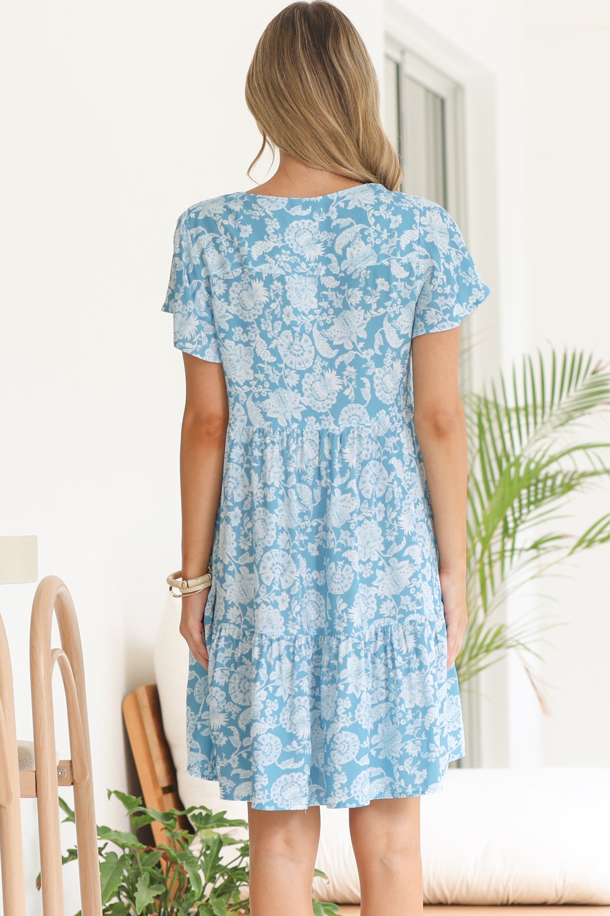 Simone Mini Dress - V Neck Tiered Dress with Flutter Sleeves in Emmie Print Aqua
