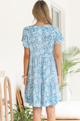 Simone Mini Dress - V Neck Tiered Dress with Flutter Sleeves in Emmie Print Aqua