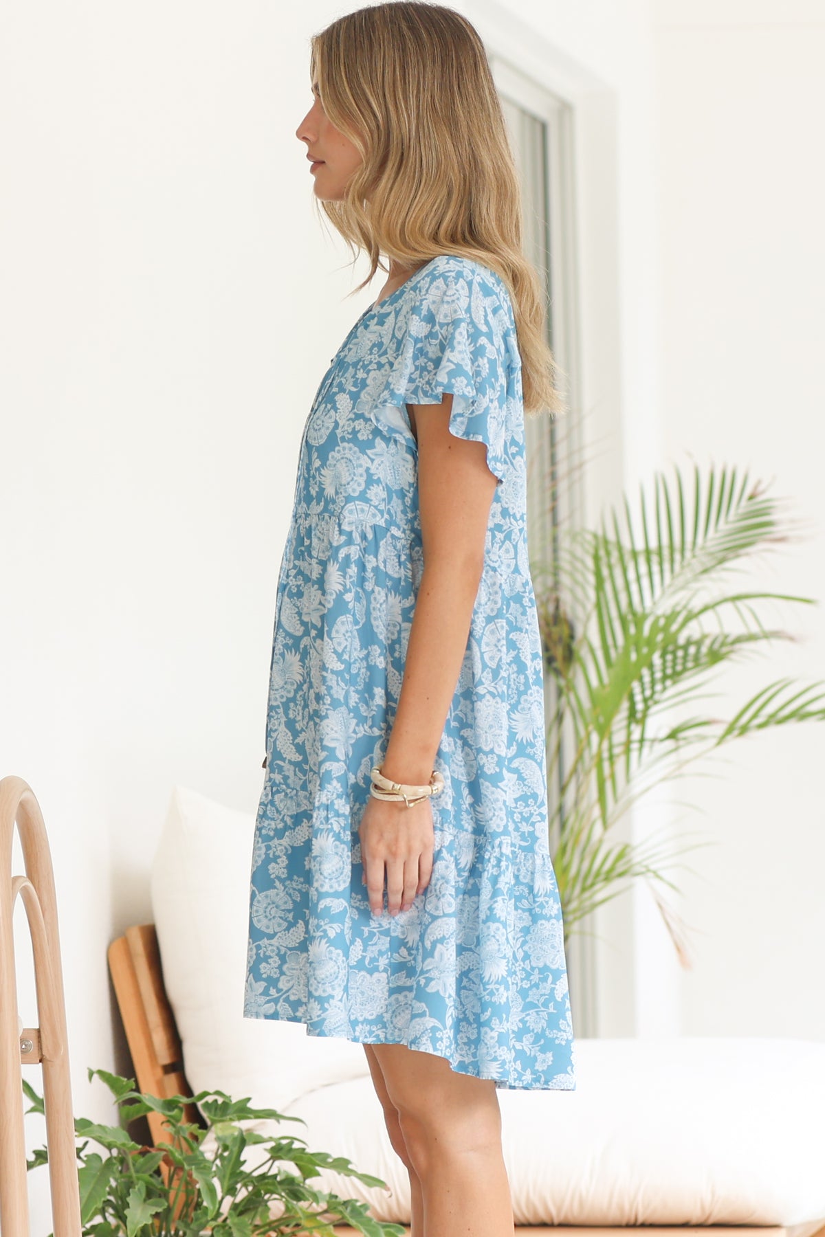 Simone Mini Dress - V Neck Tiered Dress with Flutter Sleeves in Emmie Print Aqua