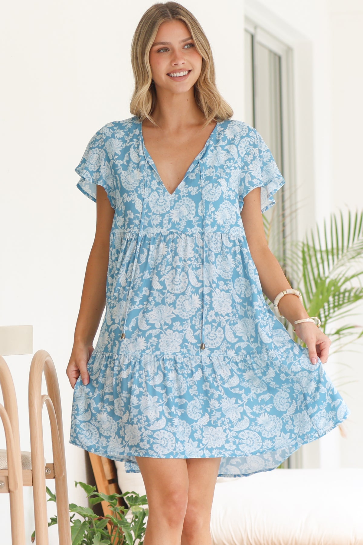 Simone Mini Dress - V Neck Tiered Dress with Flutter Sleeves in Emmie Print Aqua
