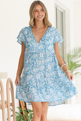 Simone Mini Dress - V Neck Tiered Dress with Flutter Sleeves in Emmie Print Aqua