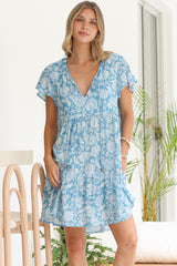 Simone Mini Dress - V Neck Tiered Dress with Flutter Sleeves in Emmie Print Aqua
