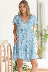 Simone Mini Dress - V Neck Tiered Dress with Flutter Sleeves in Emmie Print Aqua