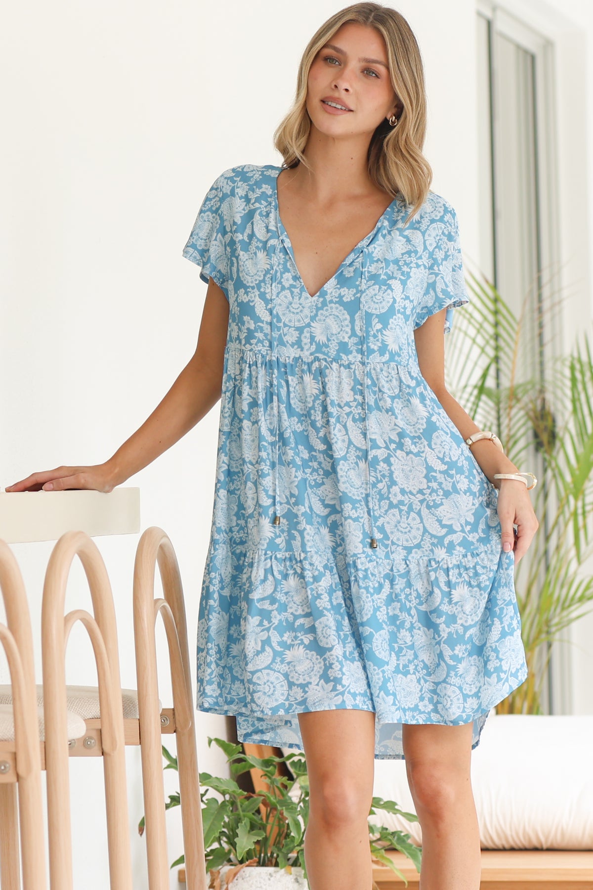Simone Mini Dress - V Neck Tiered Dress with Flutter Sleeves in Emmie Print Aqua