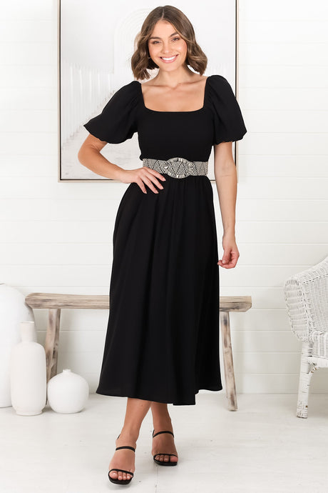 Sitara Midi Dress - On or Off Shoulder Elasticated Bodice Dress with Short Balloon Sleeves in Black