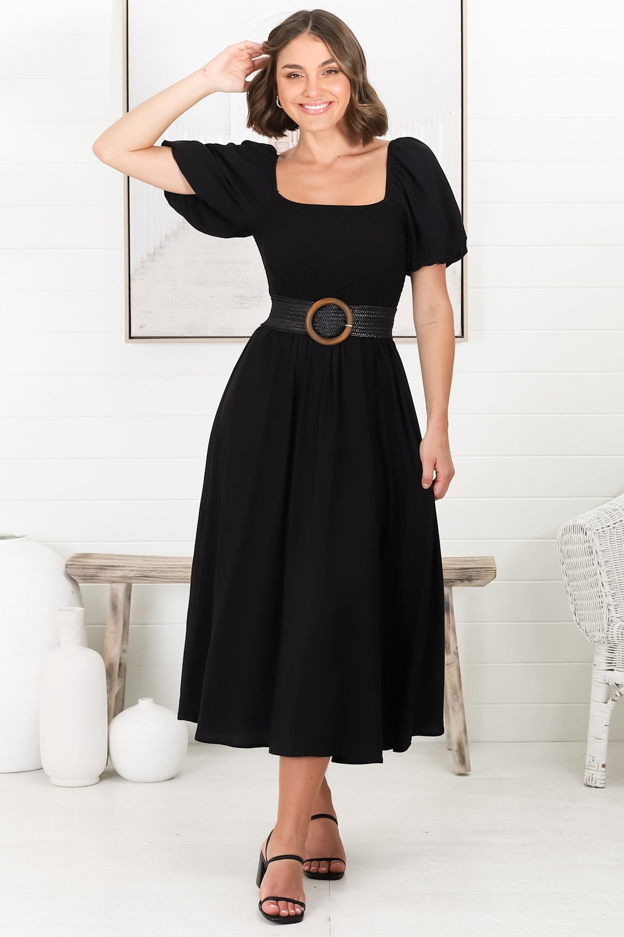 Sitara Midi Dress - On or Off Shoulder Elasticated Bodice Dress with Short Balloon Sleeves in Black