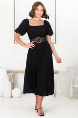 Sitara Midi Dress - On or Off Shoulder Elasticated Bodice Dress with Short Balloon Sleeves in Black