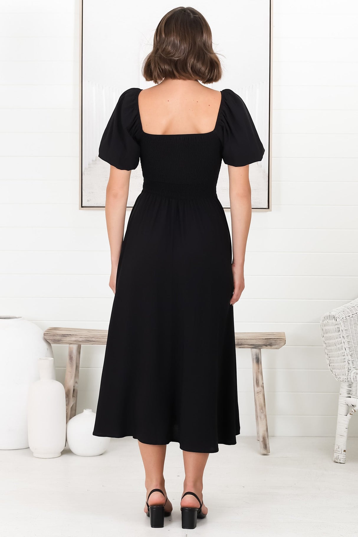 Sitara Midi Dress - On or Off Shoulder Elasticated Bodice Dress with Short Balloon Sleeves in Black