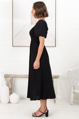 Sitara Midi Dress - On or Off Shoulder Elasticated Bodice Dress with Short Balloon Sleeves in Black