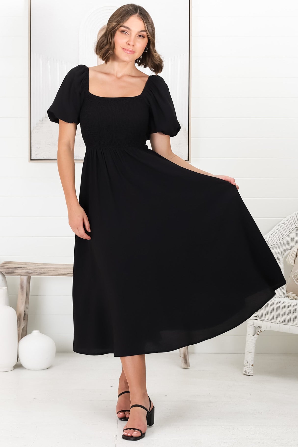 Sitara Midi Dress - On or Off Shoulder Elasticated Bodice Dress with Short Balloon Sleeves in Black