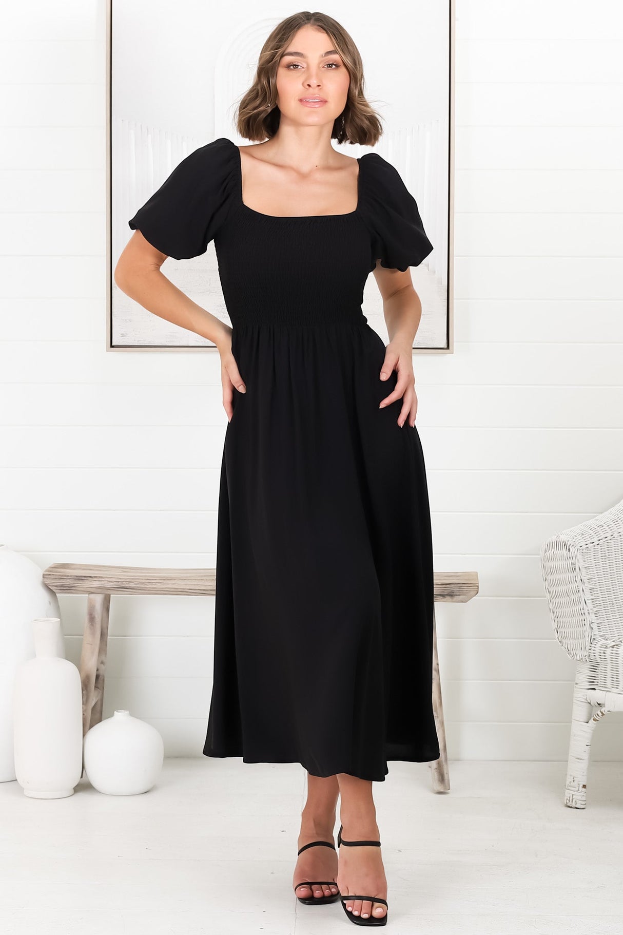 Sitara Midi Dress - On or Off Shoulder Elasticated Bodice Dress with Short Balloon Sleeves in Black