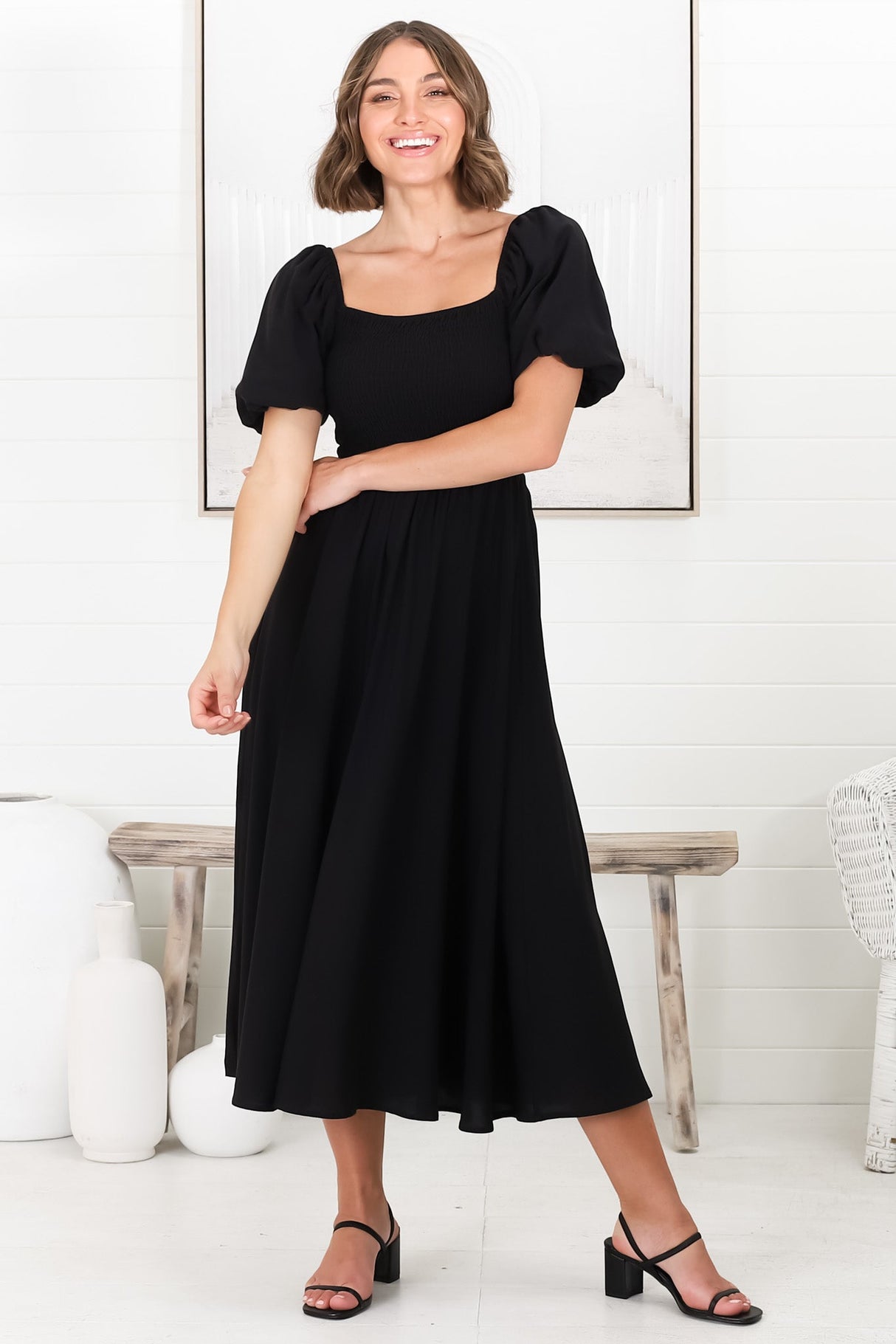 Sitara Midi Dress - On or Off Shoulder Elasticated Bodice Dress with Short Balloon Sleeves in Black